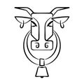 Vector image of the head of a cow with rings in the ears and a bell in the neck. Logo. Isolated cow head on a white background Royalty Free Stock Photo